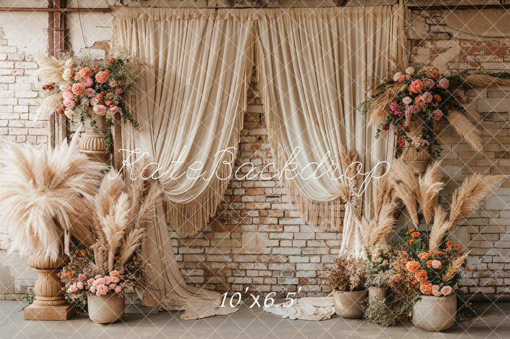 Kate Boho Ziegelwand Blumen Creme Hintergrund Entworfen von Emetselch