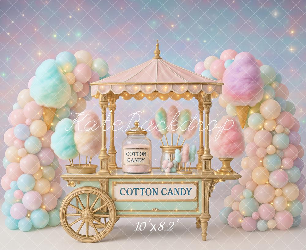 Kate Geburtstag Zuckerwattewagen Ballons Pastell Hintergrund Entworfen von Ashley Paul - Kate Backdrop.de