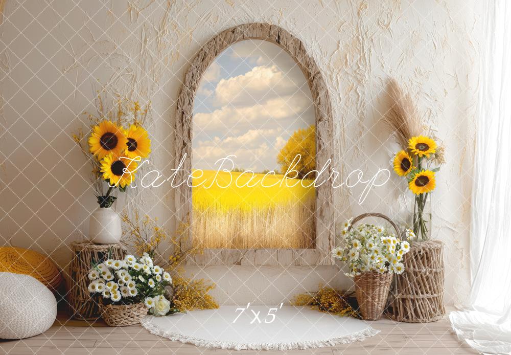 Kate Sommer Sonnenblumen Fenster Landhausstil Hintergrund Entworfen von Mini MakeBelieve - Kate Backdrop.de