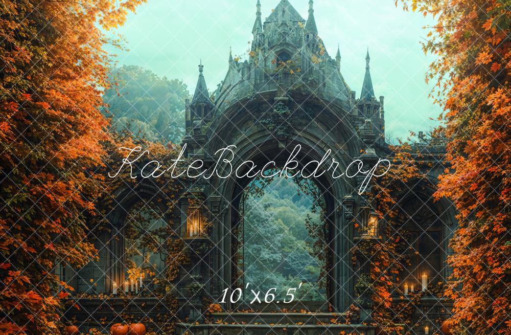 Kate Halloween Schloss Tor Herbstlaub Fleece Hintergrund Entworfen von Emetselch - Kate Backdrop.de