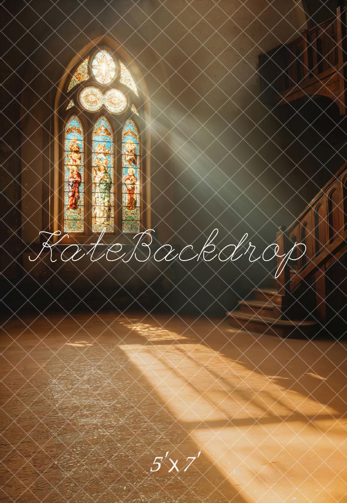 Kate Kirche Buntglasfenster Holztreppe Braun Hintergrund Entworfen von Emetselch