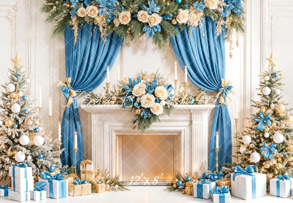Kate Weihnachten Kamin Geschenke Blau Gold Fleece Hintergrund Entworfen von Emetselch - Kate Backdrop.de
