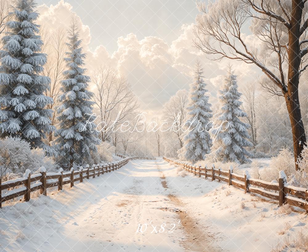 Kate Winter Verschneiter Weg Wald Weiß Hintergrund Entworfen von Emetselch - Kate Backdrop.de