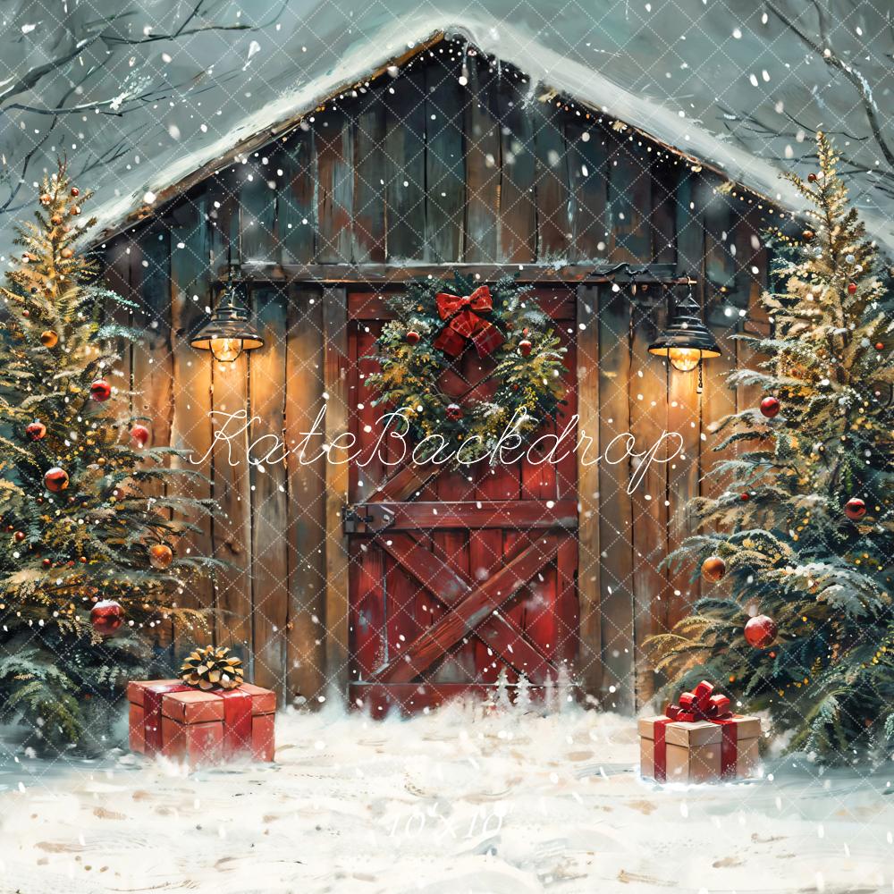 Kate Weihnachten Scheune Tannenbaum Schnee Hintergrund Entworfen von Chain