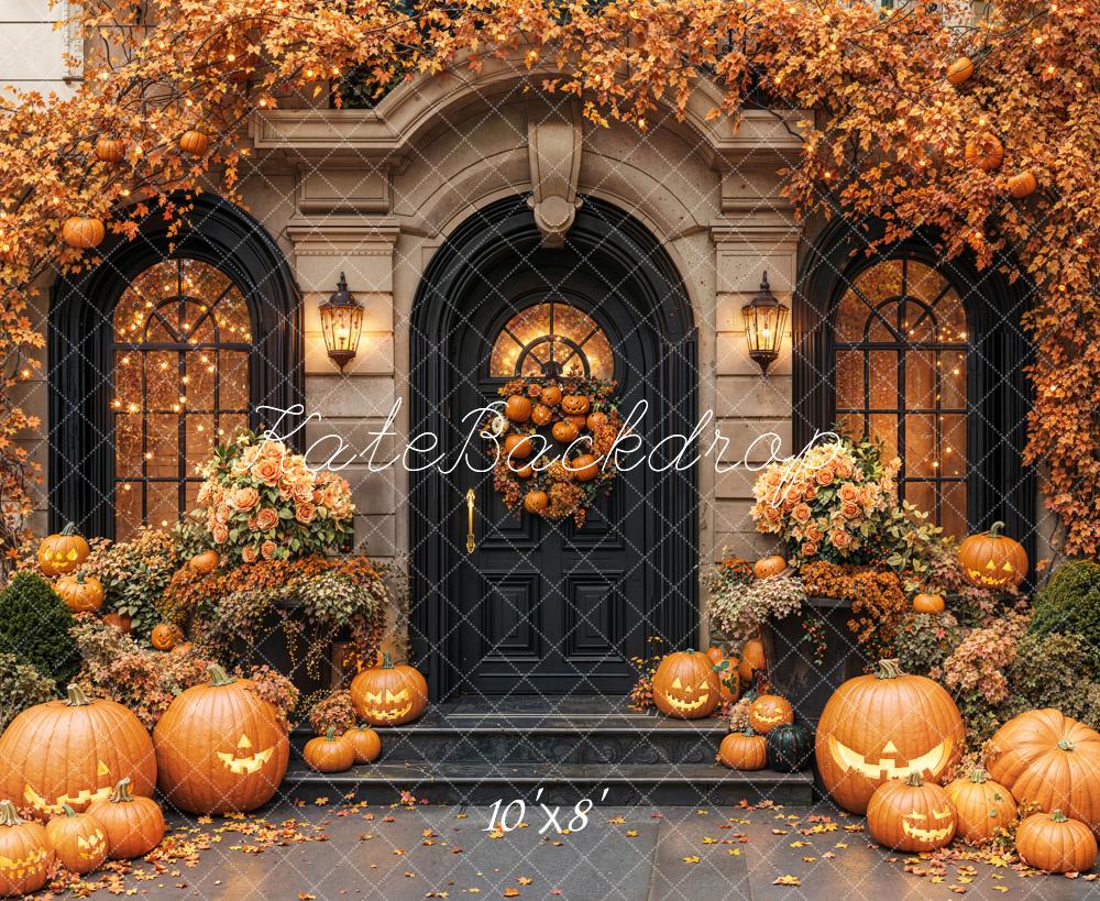 Kate Halloween Kürbisse Tür Herbstlaub Fleece Hintergrund Entworfen von Emetselch - Kate Backdrop.de
