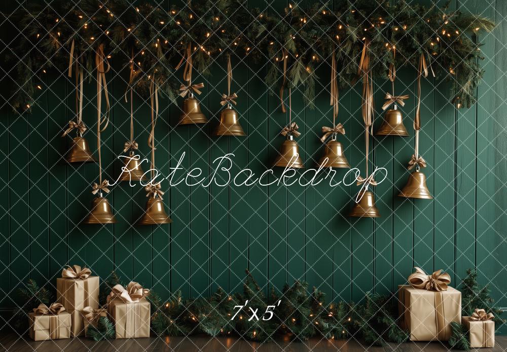 ⚡Blitzangebote-Kate Weihnachten Glocken Tannenzweige Grün Hintergrund Entworfen von Patty Roberts - Kate Backdrop.de