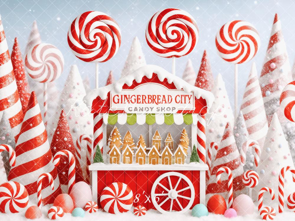 Kate Weihnachten Bonbonhaus Zuckerstangen Rot Weiß Hintergrund Entworfen von Patty Roberts - Kate Backdrop.de