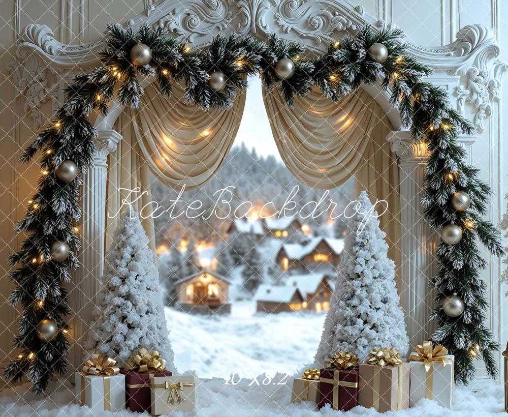 Kate Weihnachten Fenster Winterdorf Weiß Gold Hintergrund Entworfen von Mini MakeBelieve - Kate Backdrop.de