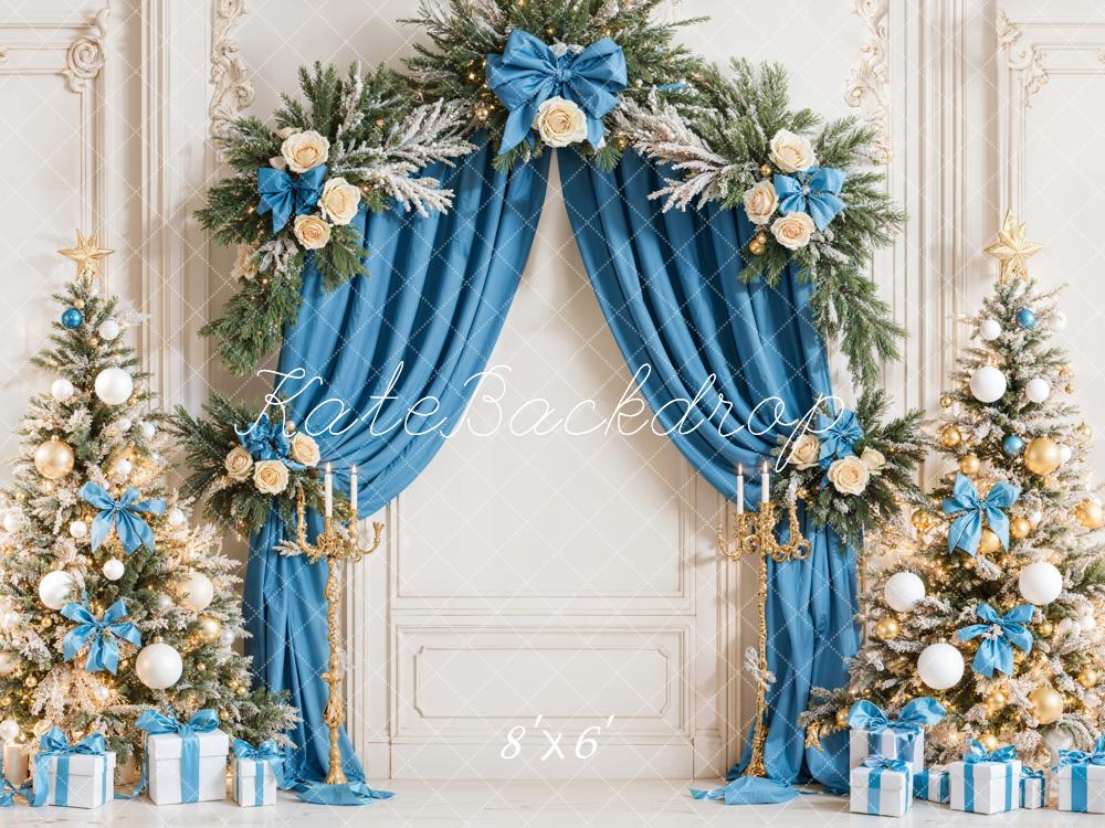 Kate Weihnachten Christbäume Blaue Schleifen Elegant Hintergrund Entworfen von Emetselch - Kate Backdrop.de