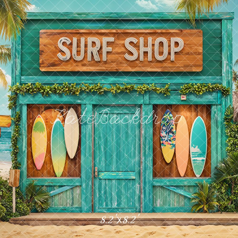 Kate Sommer Surfshop Palmen Türkis Hintergrund Entworfen von Emetselch - Kate Backdrop.de