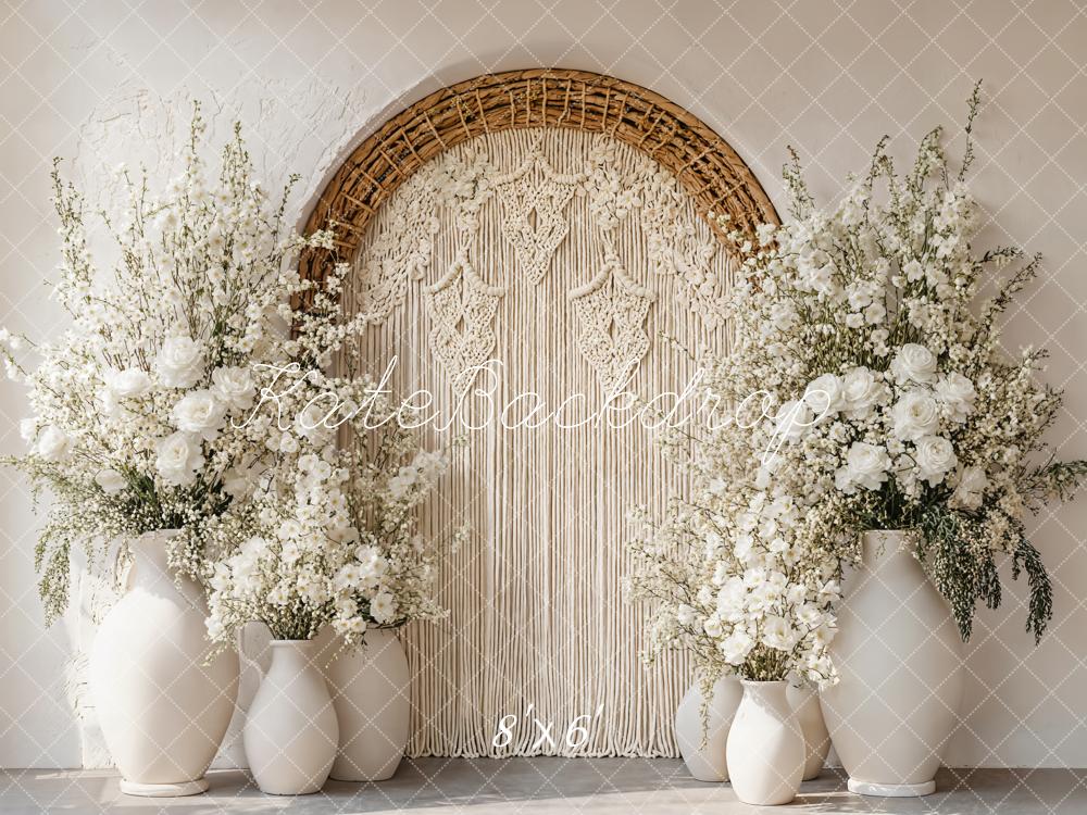 Kate Boho Bogen Makramee Blumen Weiß Hintergrund Entworfen von Emetselch - Kate Backdrop.de