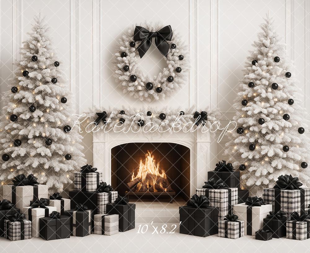 Kate Weihnachten Kamin Weiße Tannen Schwarz Weiß Hintergrund Entworfen von Ashley Paul - Kate Backdrop.de