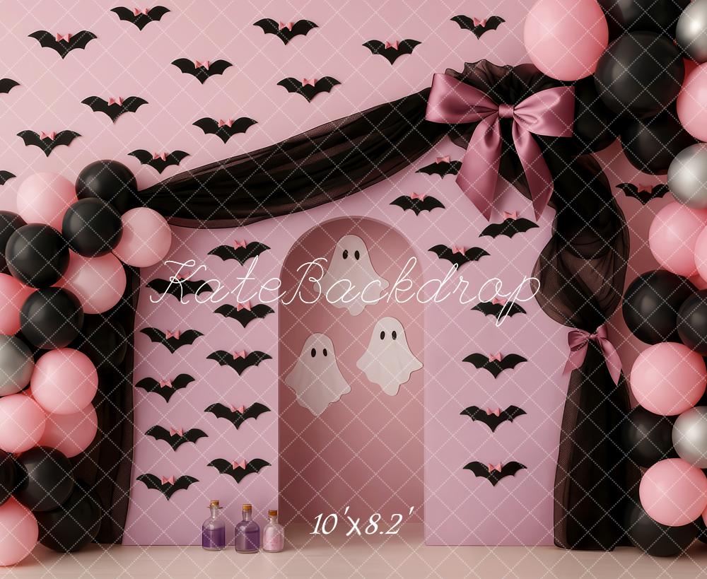 Kate Halloween Ballons Fledermäuse Rosa Hintergrund Entworfen von Patty Roberts - Kate Backdrop.de