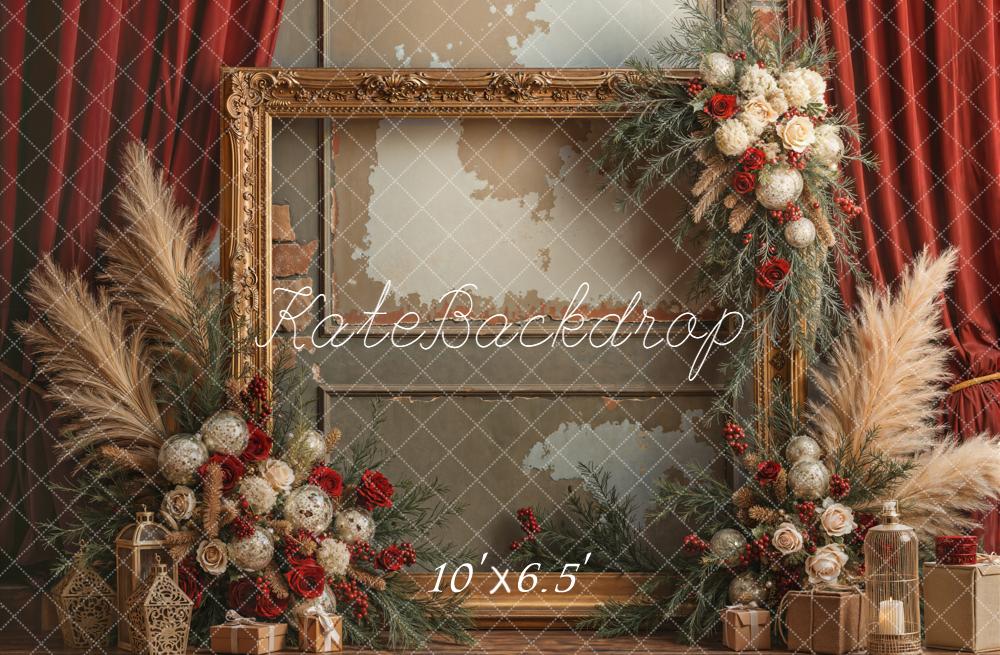 Kate Weihnachten Vintage Rahmen Festliche Blumen Fleece Hintergrund Entworfen von Emetselch - Kate Backdrop.de