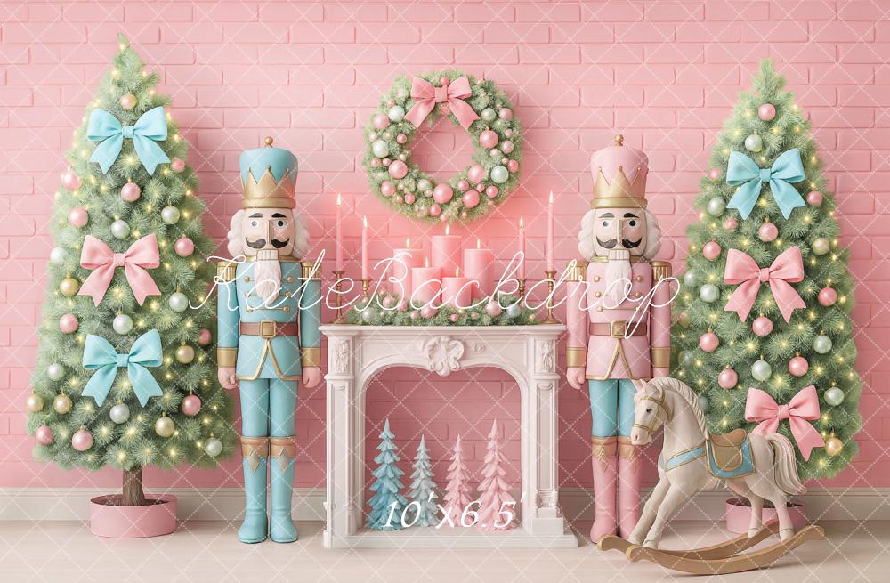 Kate Weihnachten Nussknacker Kamin Pastellrosa Hintergrund Entworfen von Ashley Paul - Kate Backdrop.de