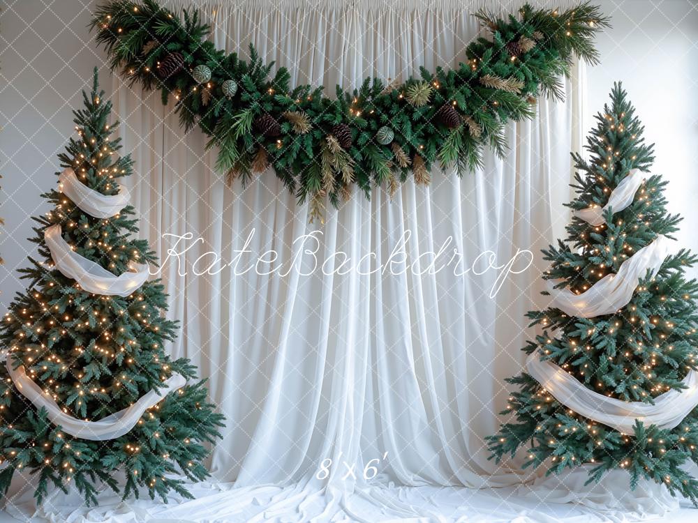 Kate Weihnachten Tannenbäume Lichter Weiß Hintergrund Entworfen von Mini MakeBelieve - Kate Backdrop.de