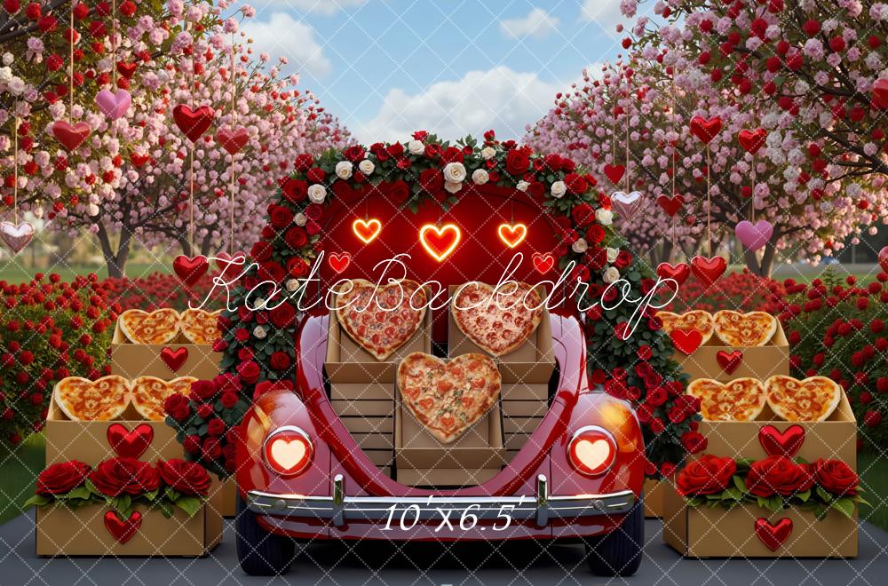 Kate Valentinstag Herzpizza Auto Rosen Hintergrund Entworfen von Mini MakeBelieve - Kate Backdrop.de