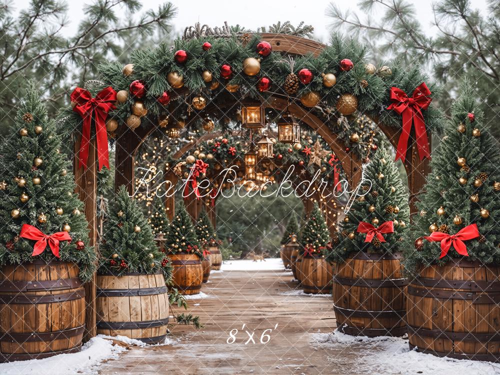 Kate Weihnachten Tannenbögen Holzfässer Rot Gold Hintergrund Entworfen von Emetselch - Kate Backdrop.de