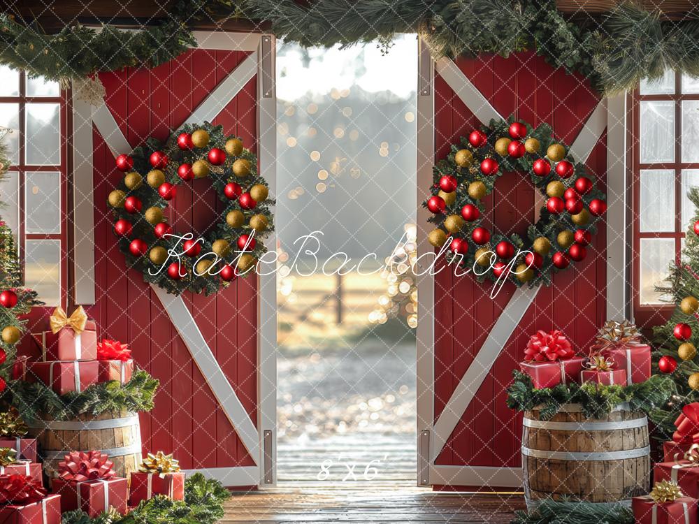 Kate Weihnachten Scheune Kränze Geschenke Rot Hintergrund Entworfen von Mini MakeBelieve - Kate Backdrop.de