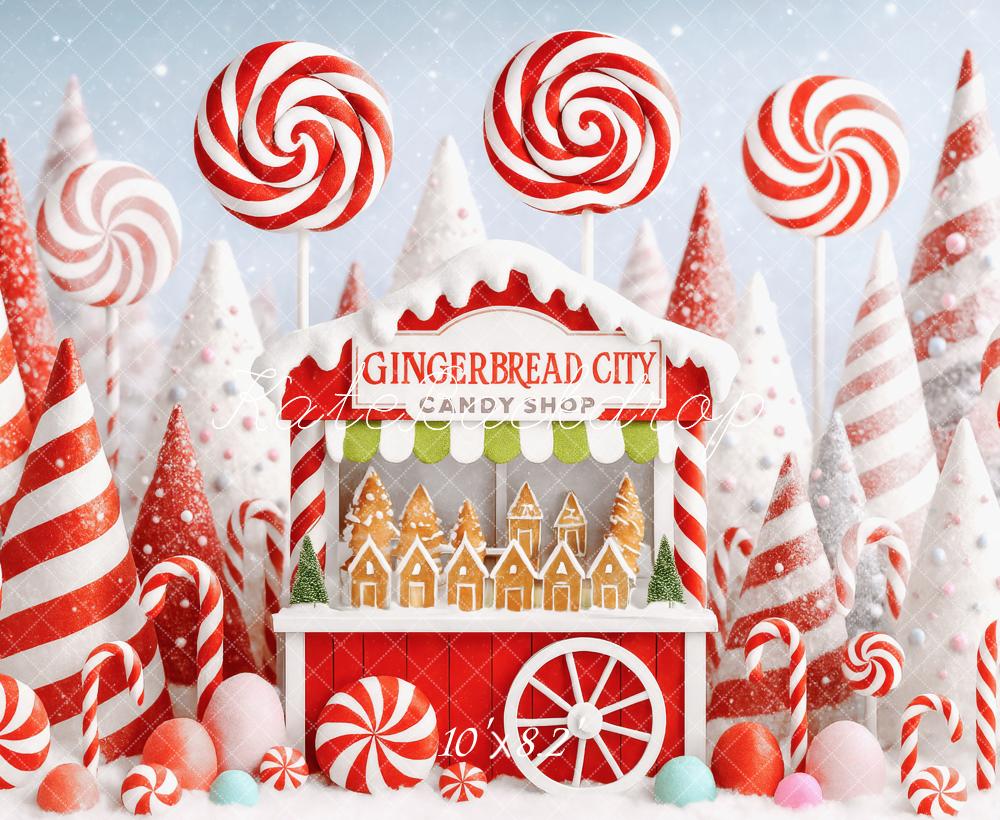 Kate Weihnachten Bonbonhaus Zuckerstangen Rot Weiß Hintergrund Entworfen von Patty Roberts - Kate Backdrop.de