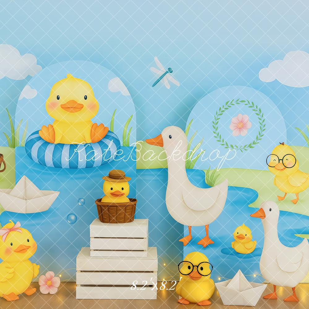 Kate Enten Teich Papierboote Blau Hintergrund Entworfen von Patty Roberts - Kate Backdrop.de