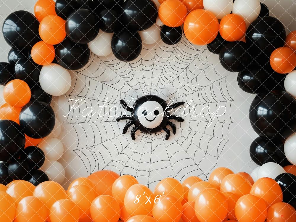Kate Halloween Spinnennetz Ballons Orange Schwarz Hintergrund Entworfen von Patty Roberts - Kate Backdrop.de