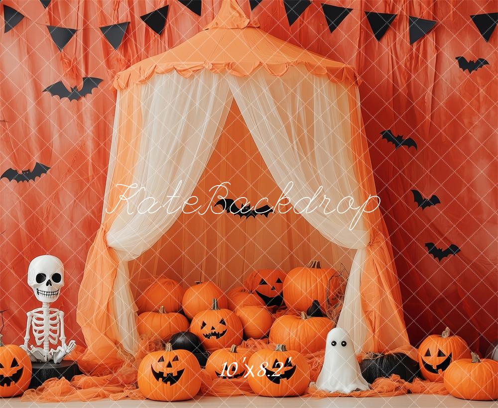 Kate Halloween Kürbisse Fledermäuse Orange Hintergrund Entworfen von Patty Roberts - Kate Backdrop.de