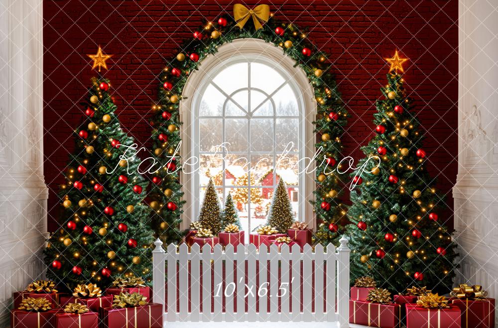 Kate Weihnachten Fenster Tannenbäume Rot Hintergrund Entworfen von Mini MakeBelieve - Kate Backdrop.de