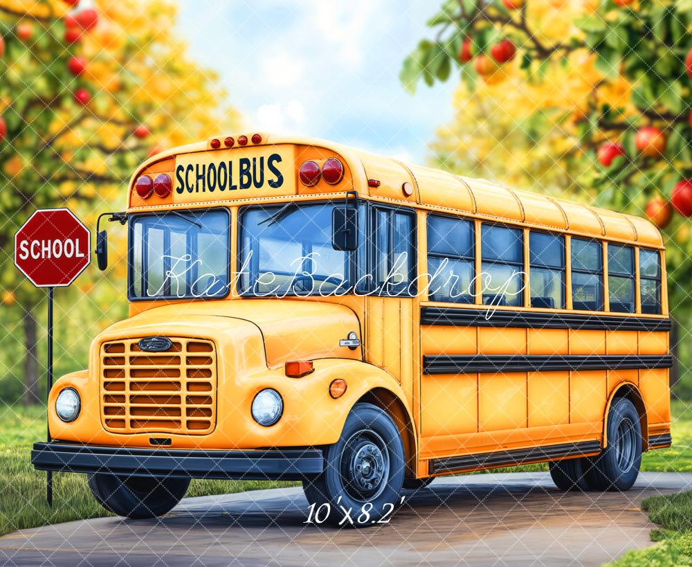 Kate Zurück Zur Schule Schulbus Apfelbäume Hintergrund Entworfen von Emetselch - Kate Backdrop.de