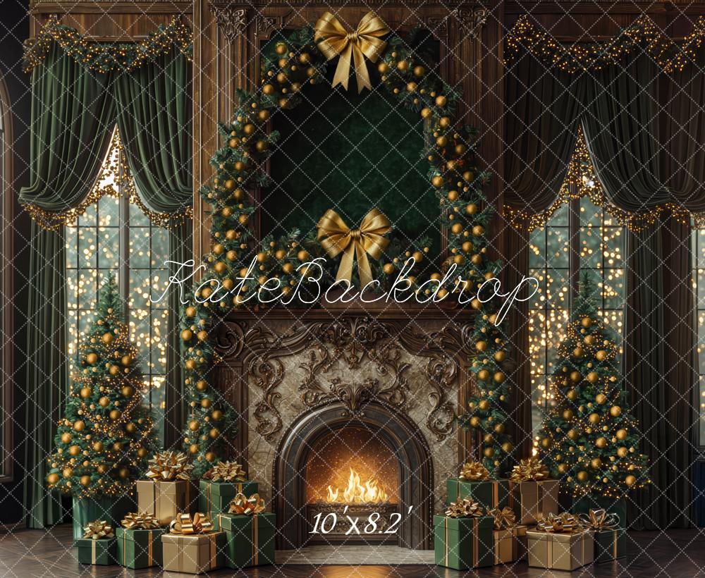 Kate Weihnachten Kamin Weihnachtsbaum Goldgrün Hintergrund Entworfen von Mini MakeBelieve - Kate Backdrop.de