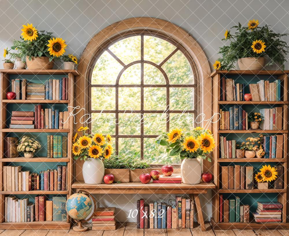 Kate Zurück Zur Schule Bücherregal Sonnenblumen Holz Hintergrund Entworfen von Emetselch - Kate Backdrop.de