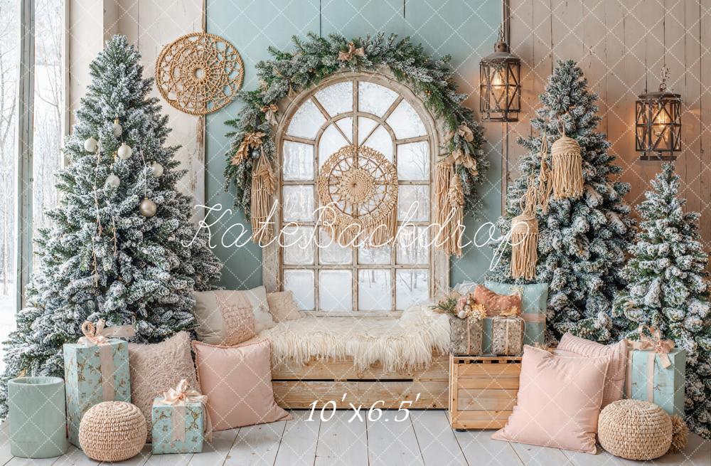 Kate Weihnachten Fenster Schneebäume Pastell Hintergrund Entworfen von Emetselch - Kate Backdrop.de