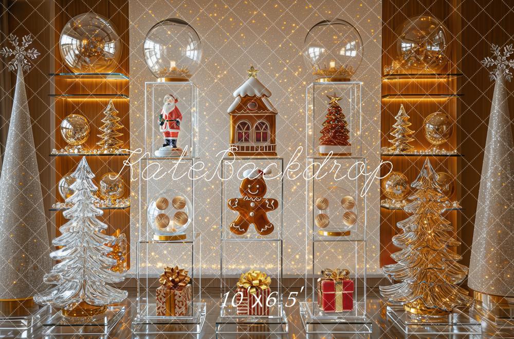 Kate Weihnachten Geschenkboxen Tannenbäume Gold Hintergrund Entworfen von Mini MakeBelieve - Kate Backdrop.de