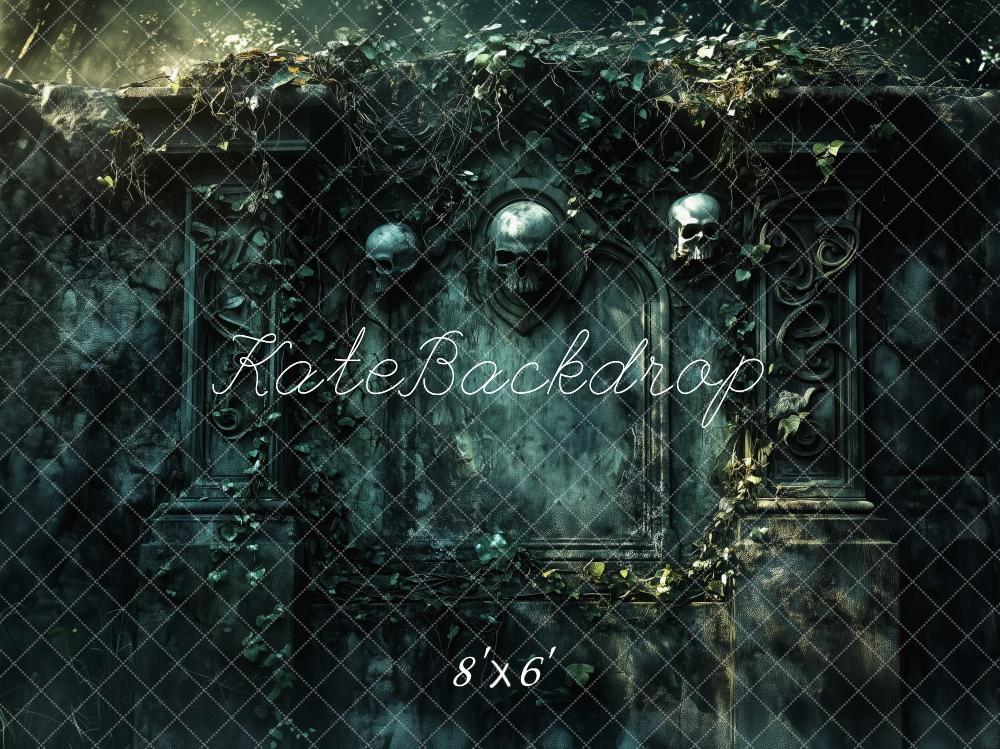 Kate Halloween Schädel Steinwand Dunkel Hintergrund Entworfen von Patty Roberts - Kate Backdrop.de