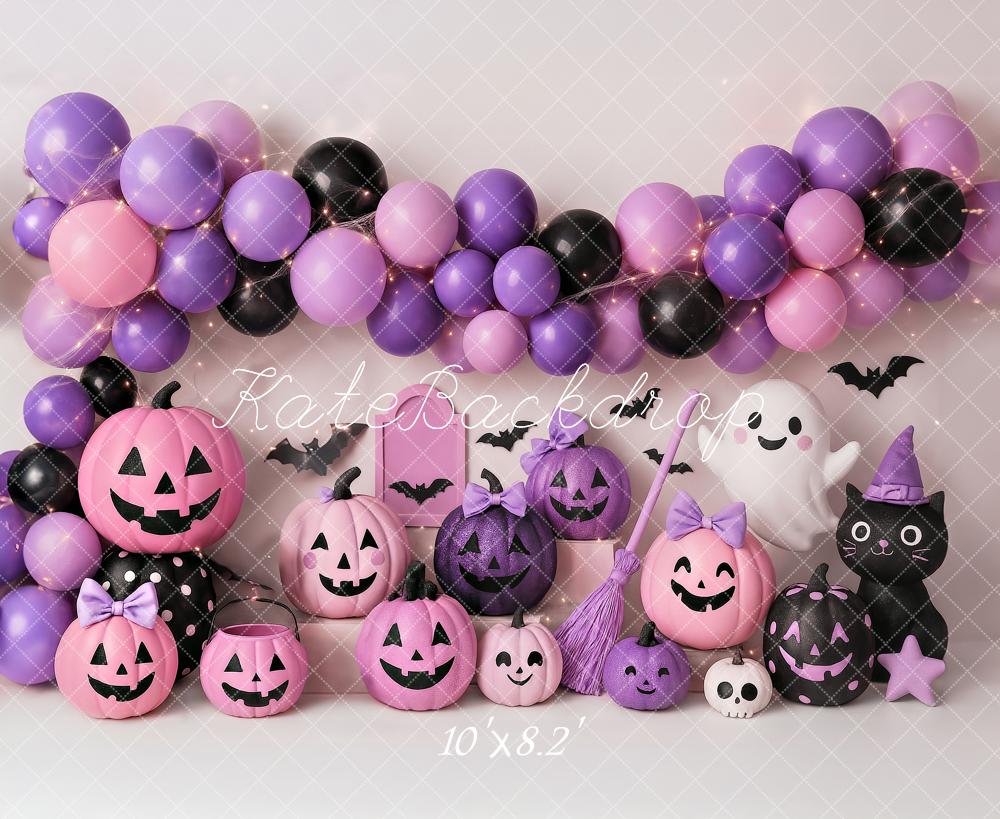 Kate Halloween Kürbisse Ballons Lila Hintergrund Entworfen von Ashley Paul - Kate Backdrop.de