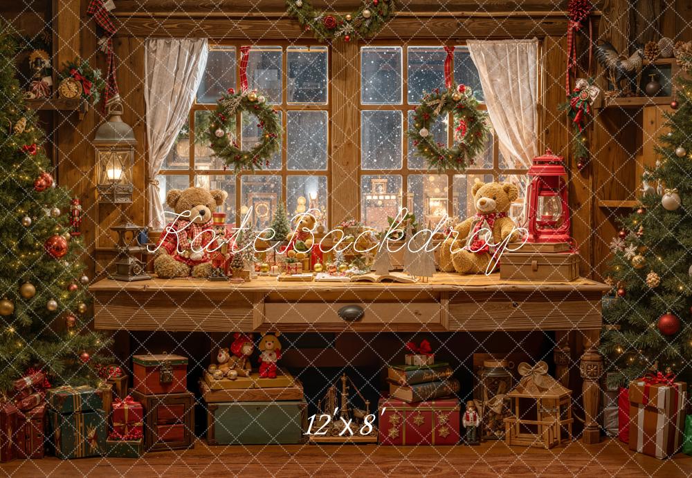 Kate Weihnachten Fenster Teddybär Holz Fleece Hintergrund Entworfen von Emetselch - Kate Backdrop.de