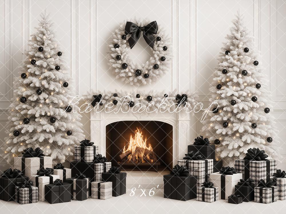 Kate Weihnachten Kamin Weiße Tannen Schwarz Weiß Hintergrund Entworfen von Ashley Paul - Kate Backdrop.de