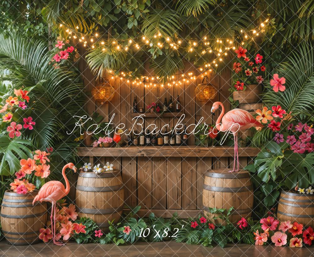 Kate Tropisch Flamingos Blumen Holzfass Hintergrund Entworfen von Emetselch - Kate Backdrop.de
