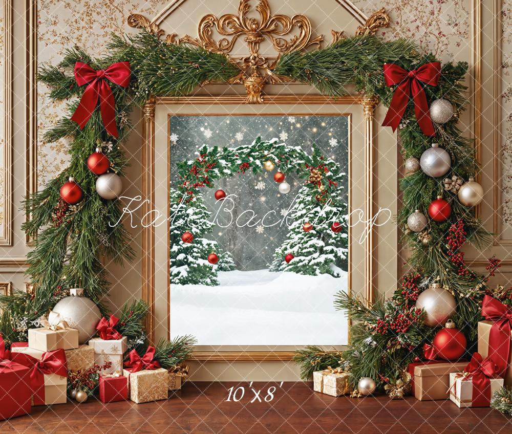 Kate Weihnachten Geschenke Kranz Rot Gold Fleece Hintergrund Entworfen von Emetselch - Kate Backdrop.de