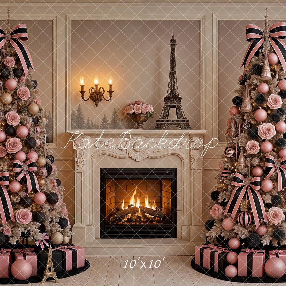 Kate Weihnachten Kamin Weihnachtsbaum Paris Rosa Hintergrund Entworfen von Ashley Paul - Kate Backdrop.de