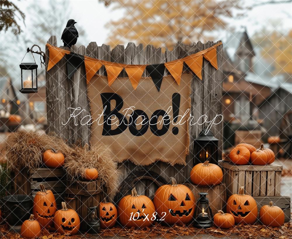 Kate Halloween Kürbisse Laternen Holz Hintergrund Entworfen von Patty Roberts - Kate Backdrop.de