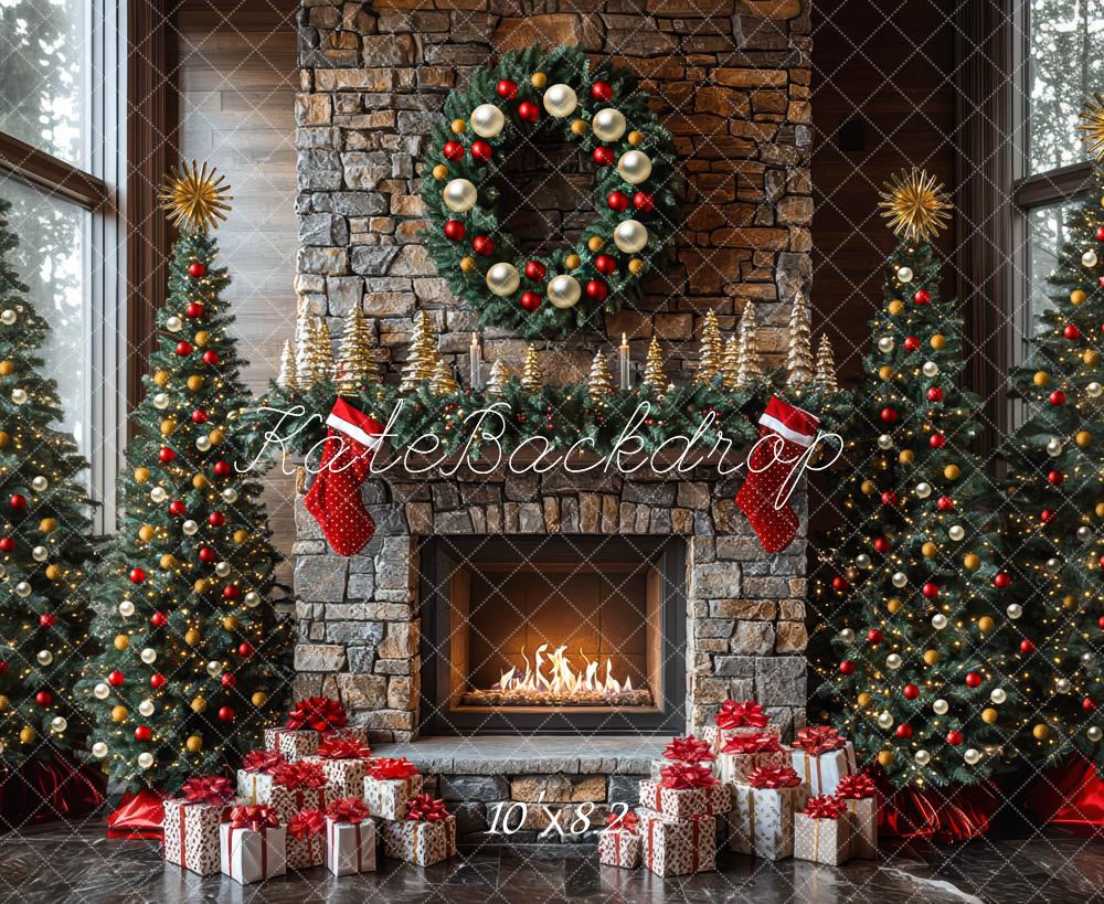 Kate Weihnachten Kamin Tannenbaum Geschenke Hintergrund Entworfen von Mini MakeBelieve - Kate Backdrop.de