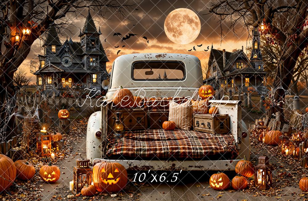 Kate Halloween Auto Kürbisse Spukhaus Hintergrund Entworfen von Emetselch - Kate Backdrop.de