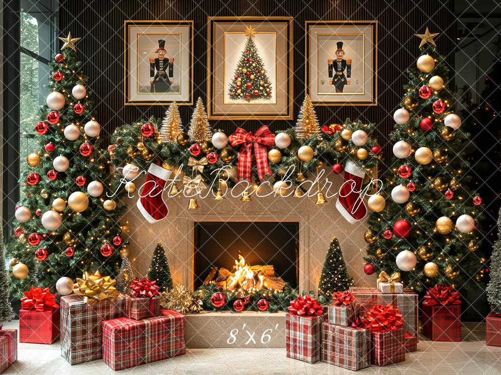 Kate Weihnachten Kamin Weihnachtsbaum Rot Gold Hintergrund Entworfen von Mini MakeBelieve - Kate Backdrop.de