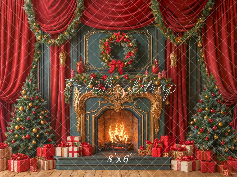 Kate Weihnachten Kamin Tannenbaum Rot Hintergrund Entworfen von Emetselch - Kate Backdrop.de