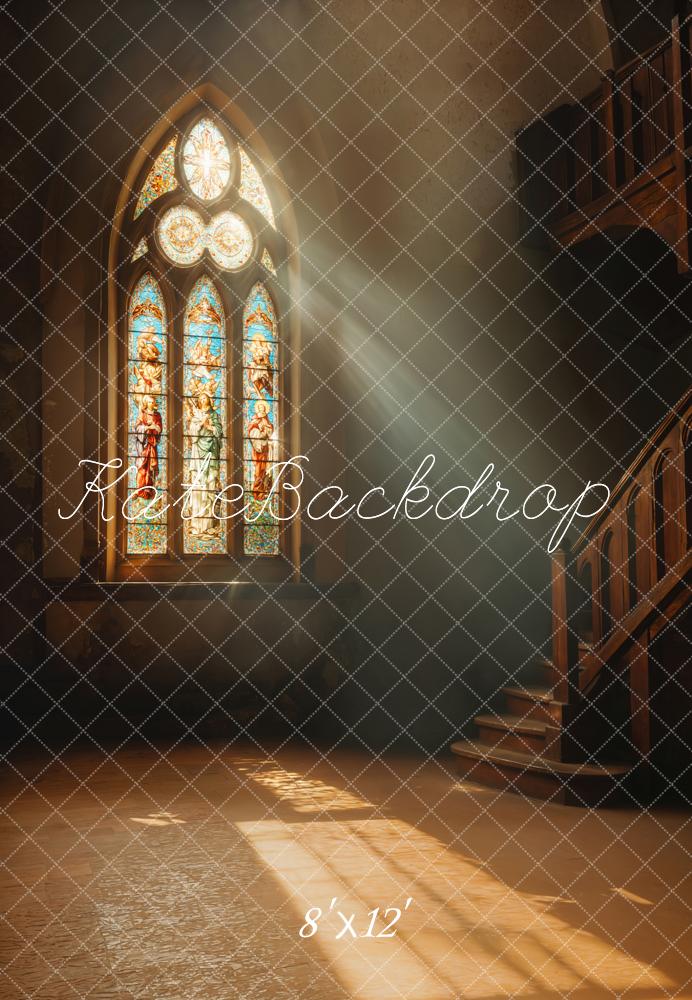 Kate Kirche Buntglasfenster Treppe Vintage Fleece Hintergrund Entworfen von Emetselch - Kate Backdrop.de