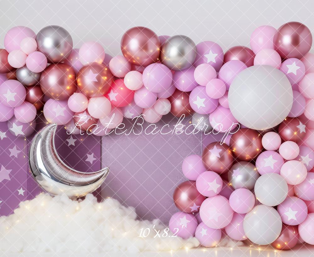 Kate Geburtstag Ballonbogen Mond Sterne Rosa Hintergrund Entworfen von Patty Roberts - Kate Backdrop.de