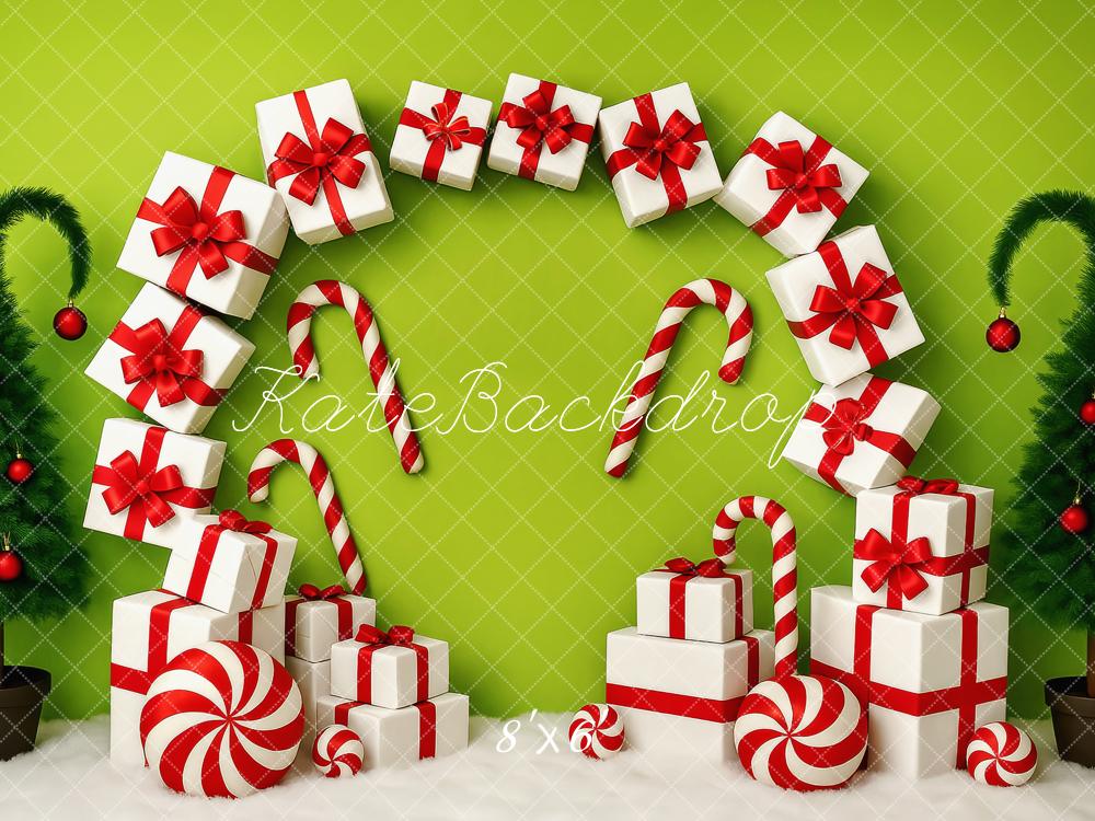 Kate Weihnachten Geschenke Zuckerstangen Grün Hintergrund Entworfen von Patty Roberts - Kate Backdrop.de
