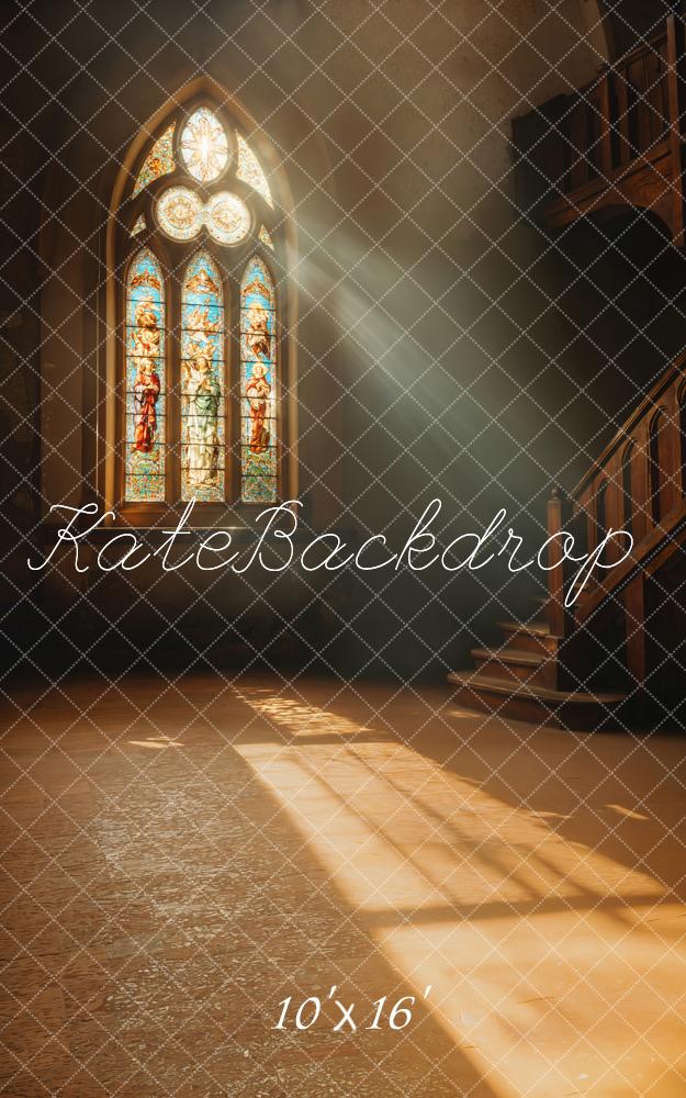 Kate Kirche Buntglasfenster Holztreppe Braun Hintergrund Entworfen von Emetselch