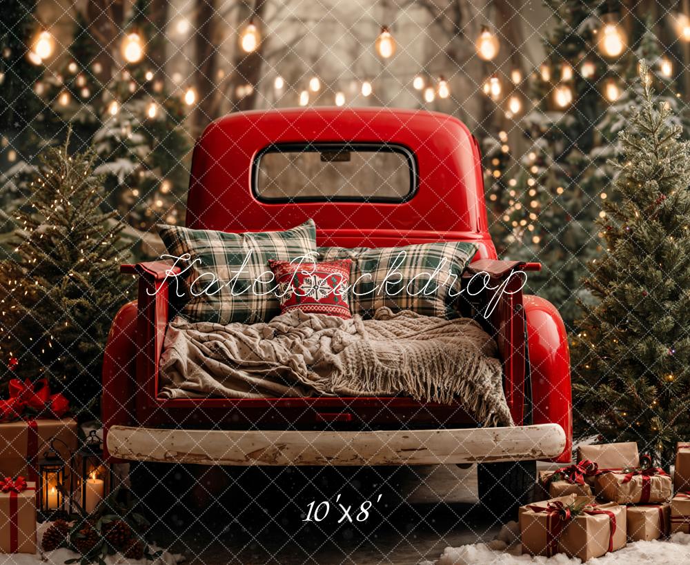 Kate Weihnachten Roter Pickup Tannenbäume Wald Fleece Hintergrund Entworfen von Emetselch - Kate Backdrop.de